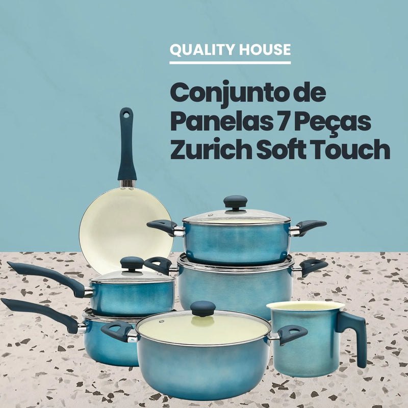 Conjunto de utensílios de cozinha New Geneva House Environment com 7 peças, tampa de vidro cerâmico azul e alças ergonômicas de silicone