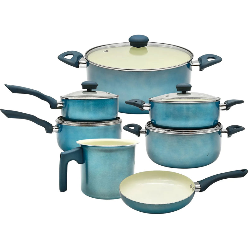 Conjunto de utensílios de cozinha New Geneva House Environment com 7 peças, tampa de vidro cerâmico azul e alças ergonômicas de silicone