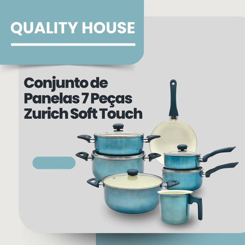 Conjunto de utensílios de cozinha New Geneva House Environment com 7 peças, tampa de vidro cerâmico azul e alças ergonômicas de silicone