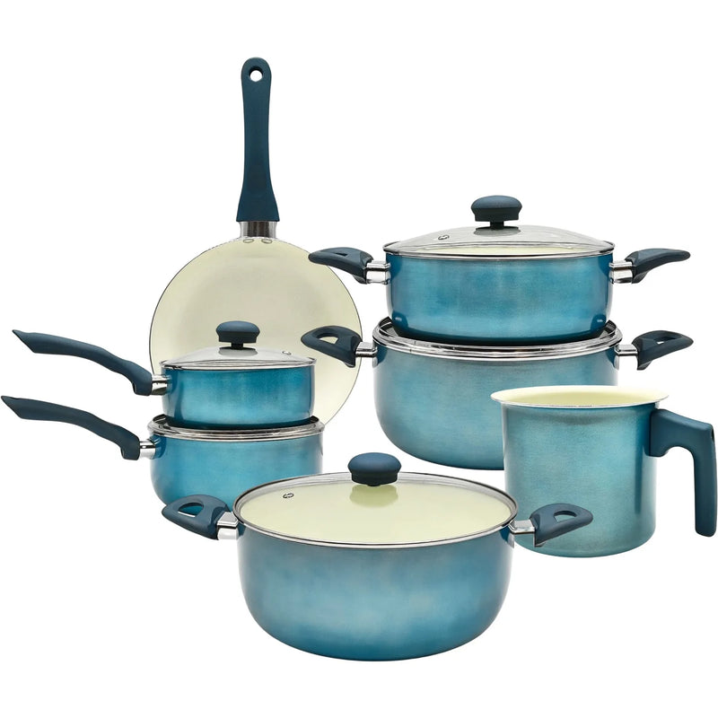 Conjunto de utensílios de cozinha New Geneva House Environment com 7 peças, tampa de vidro cerâmico azul e alças ergonômicas de silicone